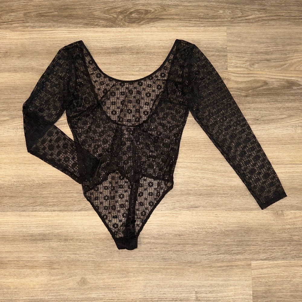 Victoria's Secret Black Lace Sheer Bodysuit‎ Long Sleeve M/L NWT